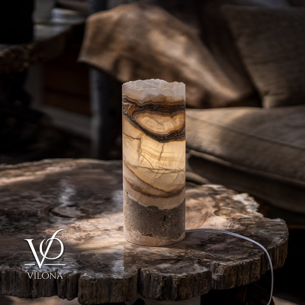White Ice Onyx - 12" Tall, x 4.5" Diameter (Small Live Edge Table Lamp #2)