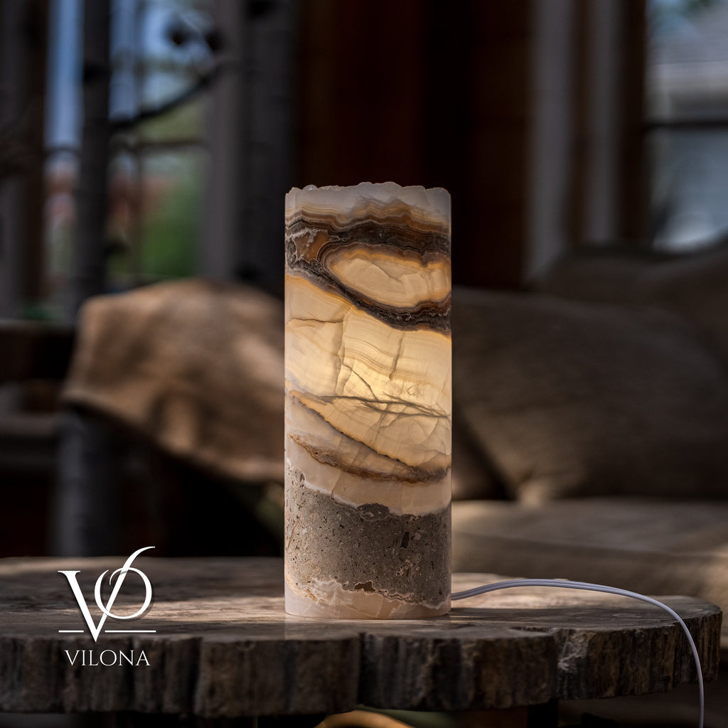 White Ice Onyx - 12" Tall, x 4.5" Diameter (Small Live Edge Table Lamp #2)