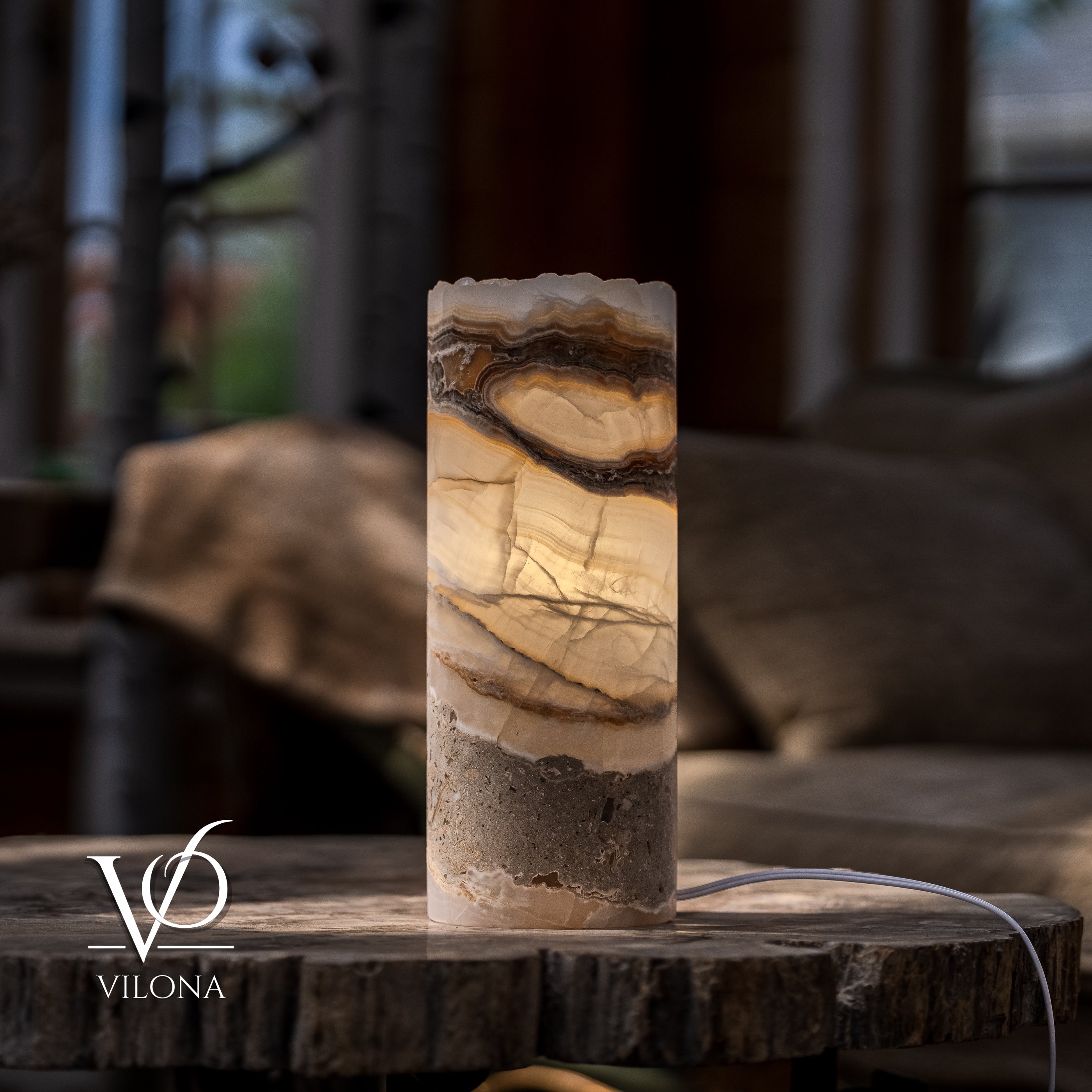 White Ice Onyx - 12" Tall, x 4.5" Diameter (Small Live Edge Table Lamp #2)