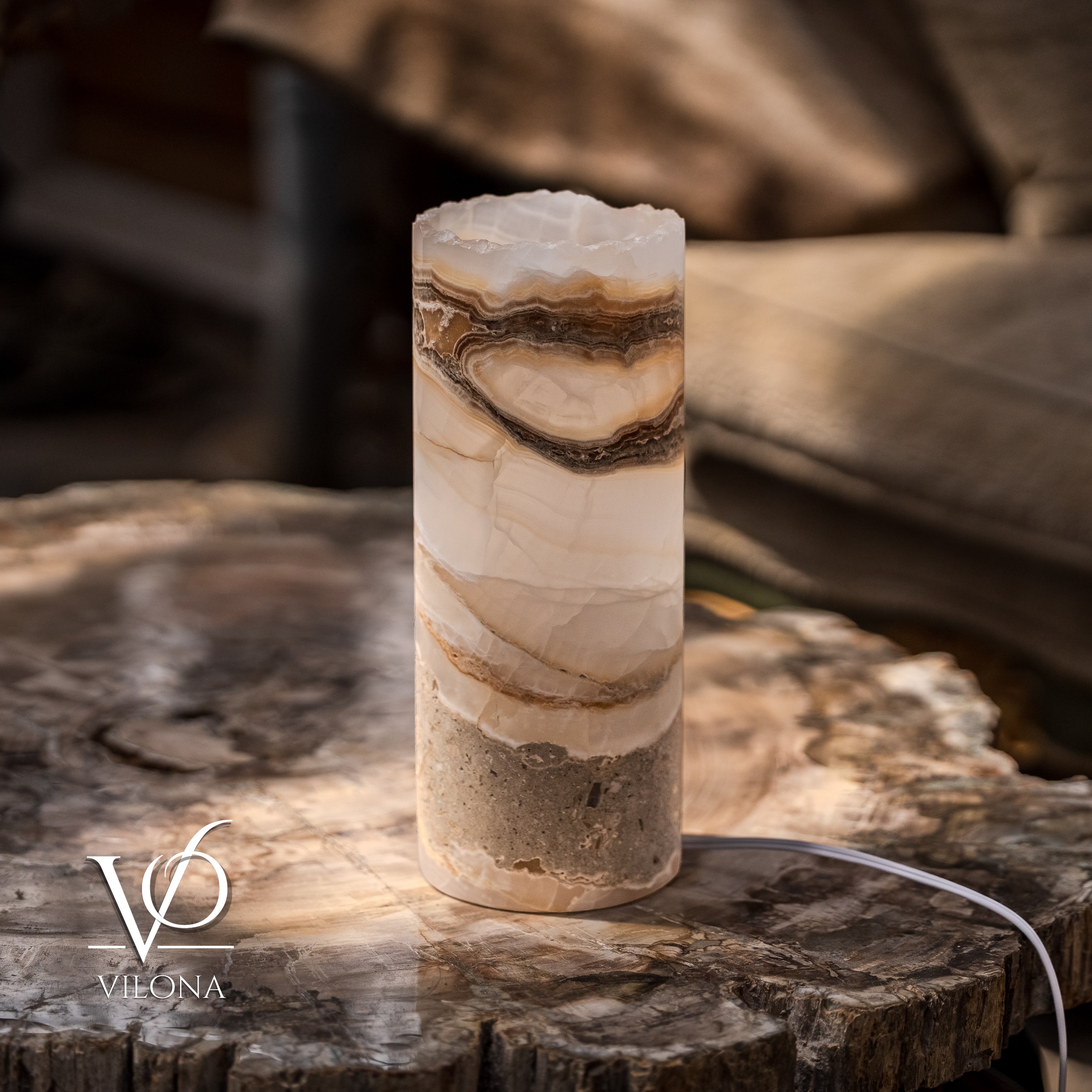 White Ice Onyx - 12" Tall, x 4.5" Diameter (Small Live Edge Table Lamp #2)
